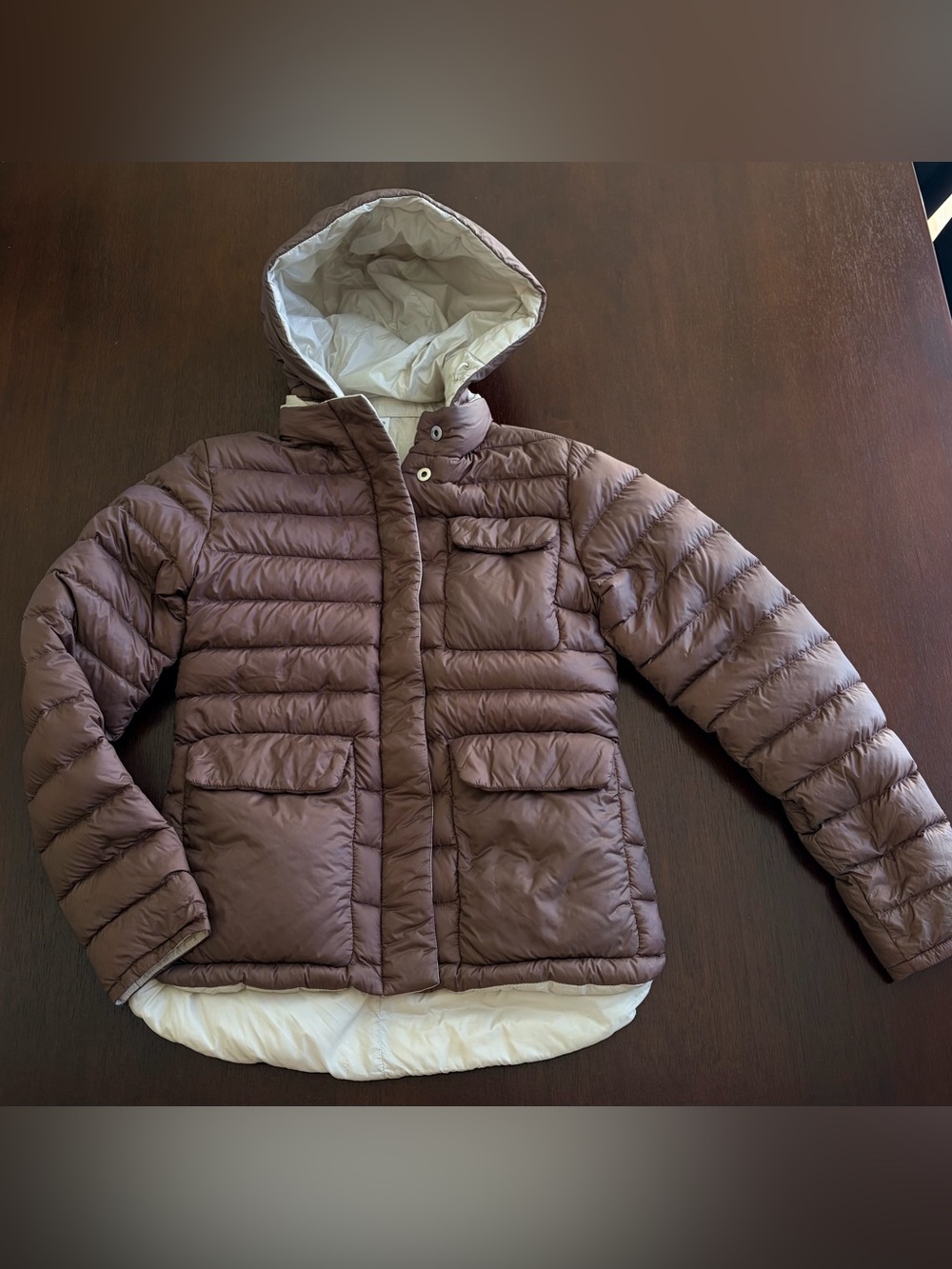 Athleta Pulse Reversible Down Jacket XS – Mocha/Cream